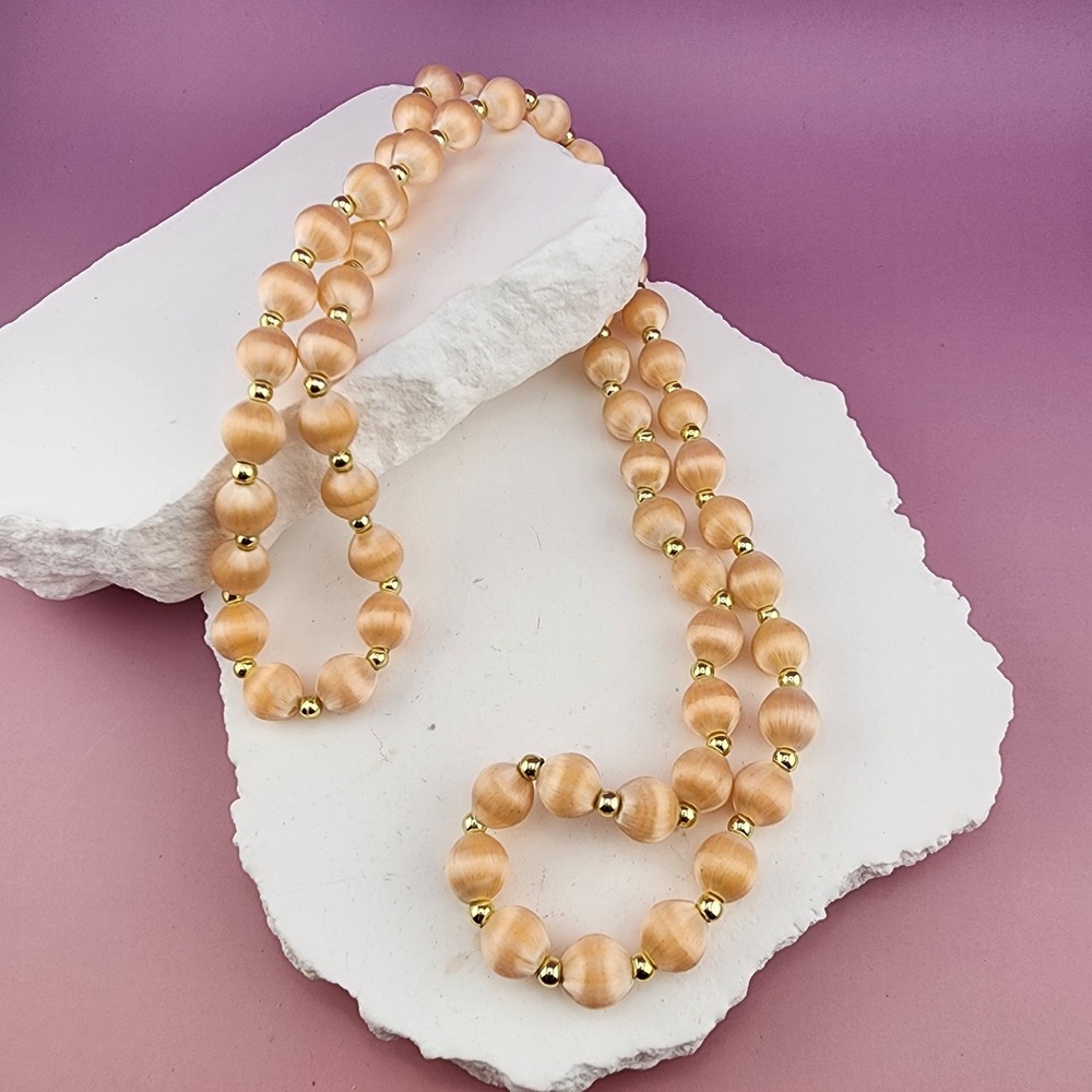 Peach Satin Thread Wrapped Bead Necklace Gold Tone Spacer Long Strand Boho Style